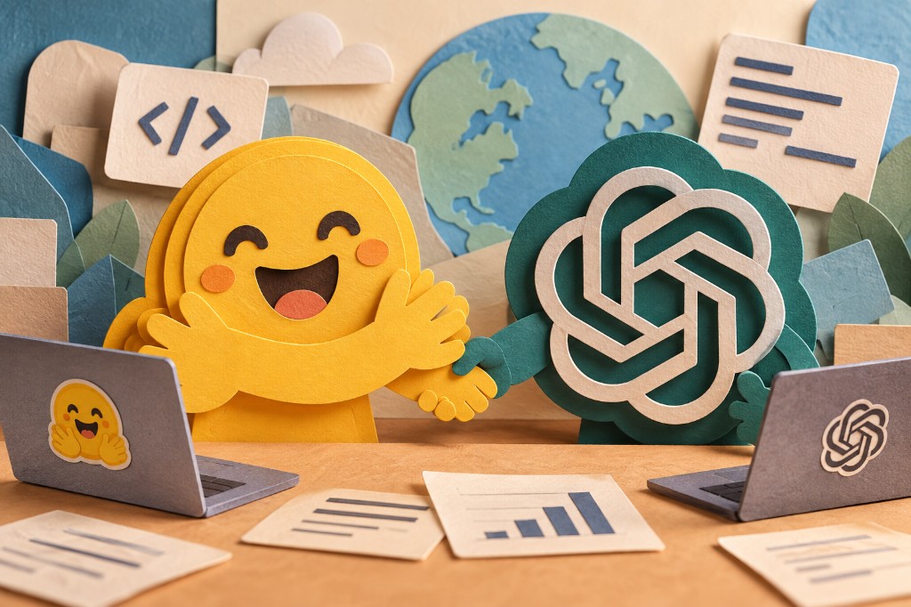 A paper-craft illustration of the Hugging Face and OpenAI mascots shaking hands, surrounded by code, chart, and data icons