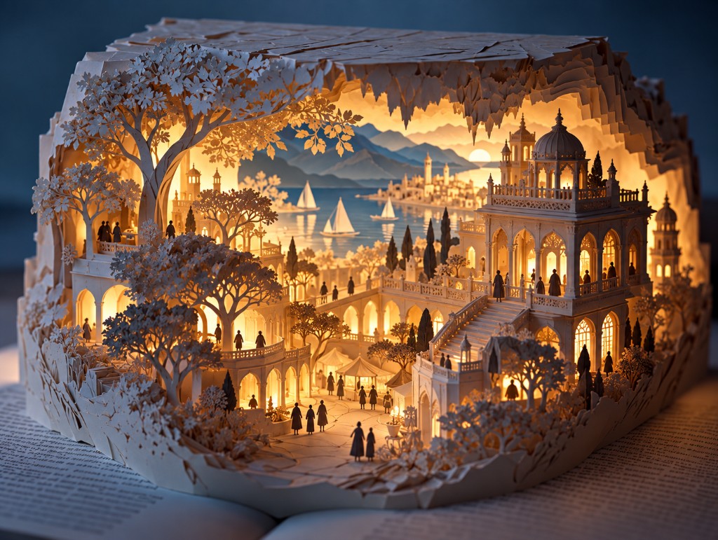 A paper-cut diorama of a lit coastal city fully contained within a ring of rock and mountains, representing a rich, capable system that is still bounded by clear walls