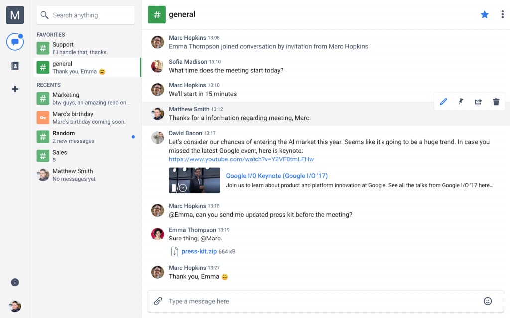 Chanty with the general channel open, favourites and recent conversations on the left, messages with a link preview and a shared file
