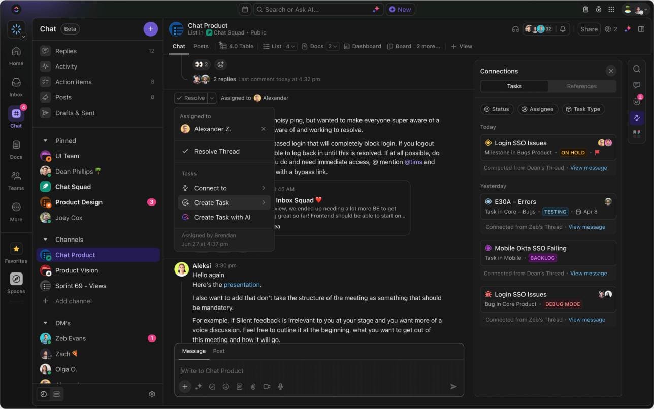 ClickUp Chat channel with a Create Task menu on a message and connected tasks in the side panel