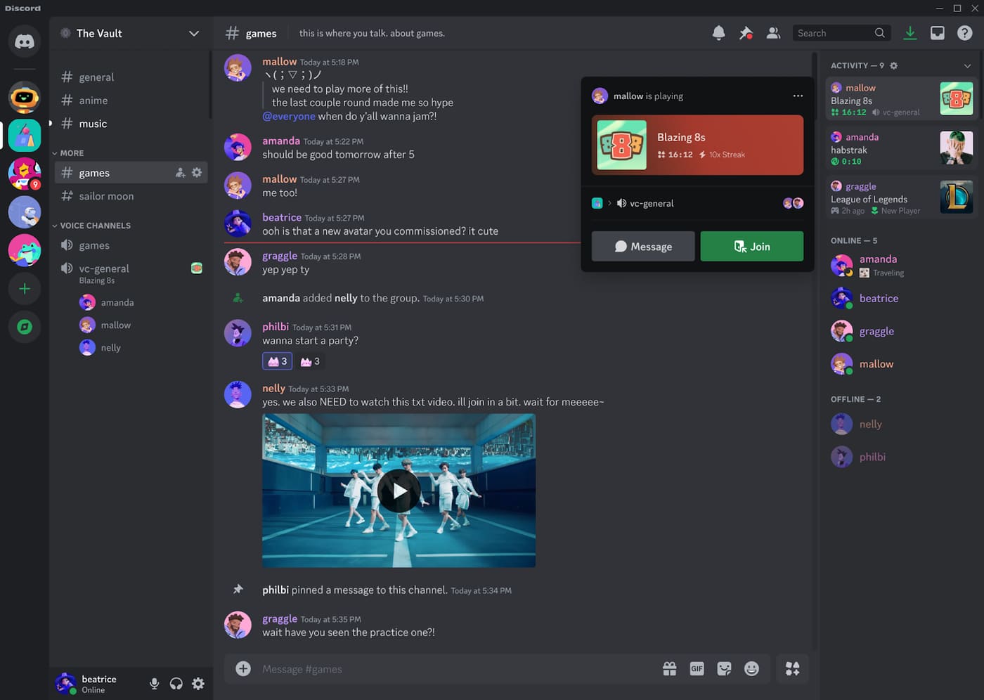 Discord desktop app showing a server's text and voice channels, a group conversation, a member playing a game, and the activity and member lists