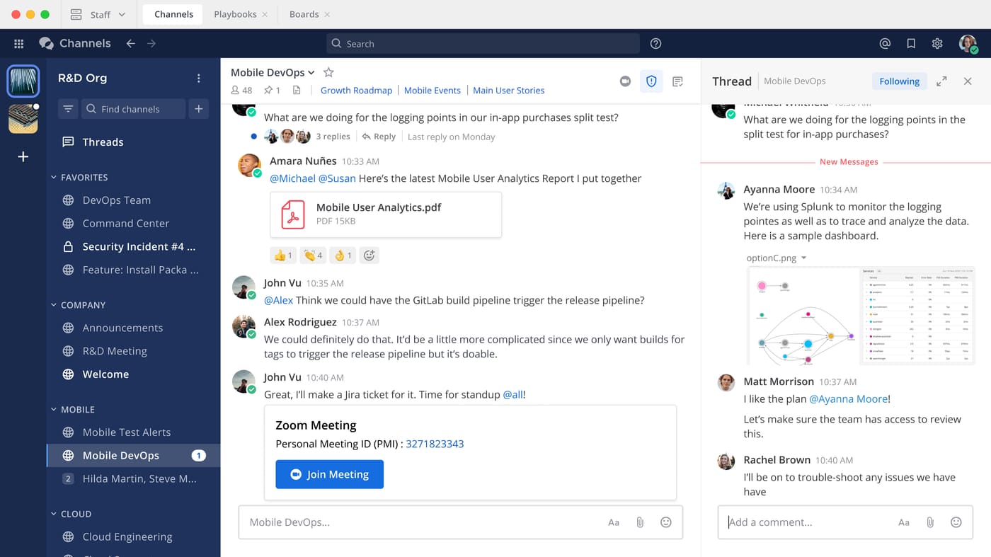 Mattermost desktop app with the Mobile DevOps channel open, a Zoom meeting card in the conversation, a thread in the right panel, and Playbooks and Boards tabs at the top