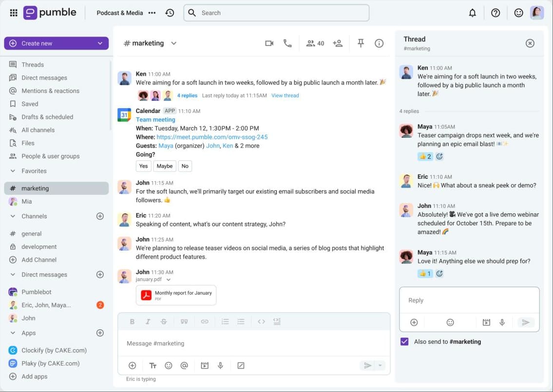Pumble marketing channel with a thread open in the right panel