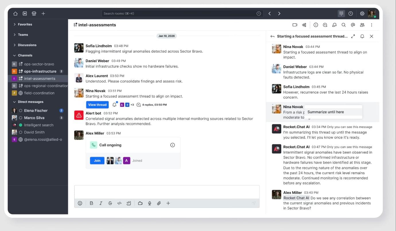 Rocket.Chat channel with an ongoing call and Rocket.Chat AI summarising a thread