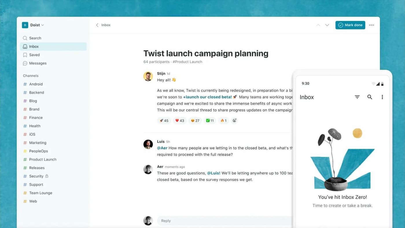 Twist thread titled Twist launch campaign planning inside the Product Launch channel