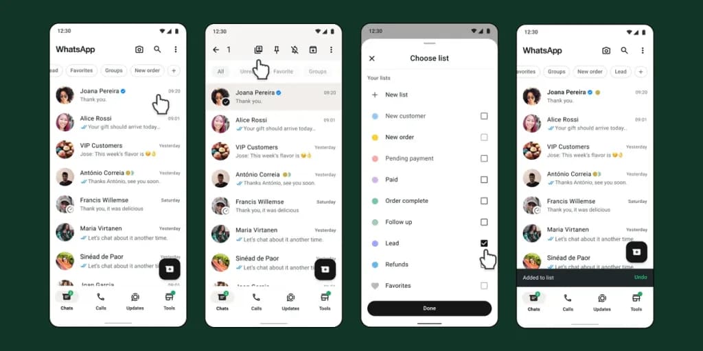 Four WhatsApp Business screens on Android showing a chat list with filters, a chat being added to a Lead list, and the confirmation