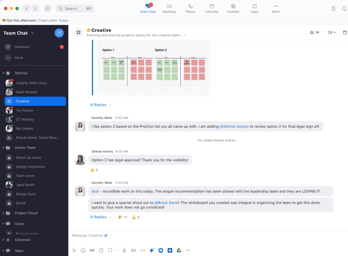 Zoom Team Chat desktop app with the Creative channel open, a shared whiteboard, threaded replies and reactions