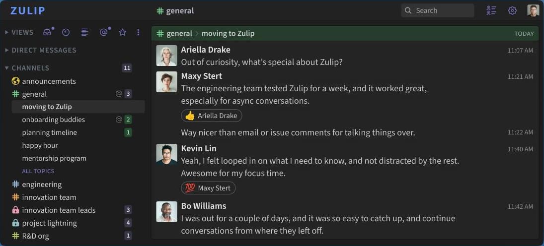 Zulip channel list with topics under general, and the moving to Zulip topic open