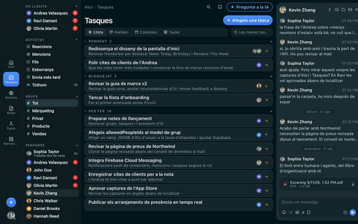 FabricLoop Tasks en català, una llista de treball de backlog, bloquejat i per fer al costat de la conversa Q2 Launch
