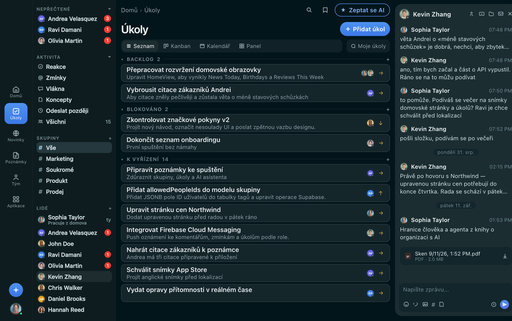 FabricLoop Tasks v češtině, seznam nevyřízených, zablokovaných a připravovaných úkolů vedle konverzace Q2 Launch