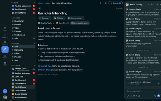 FabricLoop-note med titlen Turn Notes Into Action på dansk, med grupper, ansvarlige og en godkendelse, ved siden af Q2 Launch-samtalen