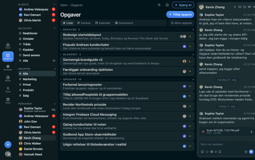 FabricLoop Tasks på dansk, en liste over backlog, blokeret og skal gøres-arbejde ved siden af Q2 Launch-samtalen