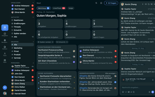 FabricLoop Startseite auf Deutsch, mit Genehmigungen, ungelesenen Nachrichten, Aufgaben und dem Q2 Launch-Gespräch daneben geöffnet