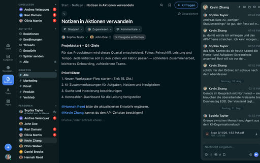 FabricLoop-Notiz mit dem Titel Notizen in Maßnahmen umwandeln auf Deutsch, mit Gruppen, Bearbeitern und einer Genehmigung neben dem Q2 Launch-Gespräch
