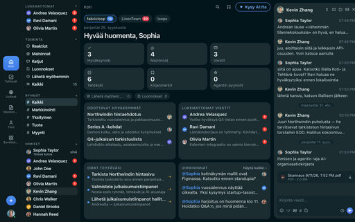FabricLoop Home suomalaiksi, hyväksynnöillä, lukemattomilla viesteillä, tehtävillä ja Q2 Launch -keskustelulla auki vieressä