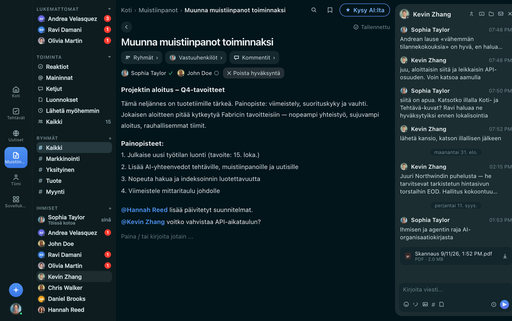 FabricLoop-muistiinpano otsikolla Turn Notes Into Action suomalaiksi, ryhmillä, vastuuhenkilöillä ja hyväksynnällä Q2 Launch -keskustelun vieressä