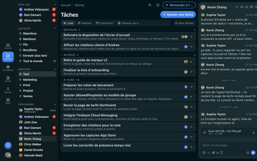 FabricLoop Tâches en français, une liste du travail à faire, bloqué et en cours à côté de la conversation Q2 Launch