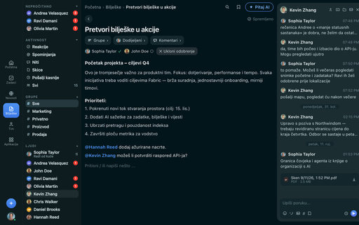 FabricLoop bilješka naslovljena Pretvori bilješke u akciju na hrvatskom jeziku, s grupama, dodijeljenima i odobrenjem, pored razgovora Q2 Launch