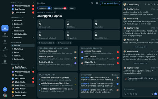 FabricLoop Kezdőlap magyarául, jóváhagyásokkal, olvasatlan üzenetekkel, feladatokkal és a Q2 Launch beszélgetéssel nyitva mellettük