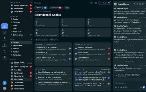 FabricLoop Home dalam bahasa Indonesia, dengan persetujuan, pesan yang belum dibaca, tugas, dan percakapan Q2 Launch terbuka di sebelahnya