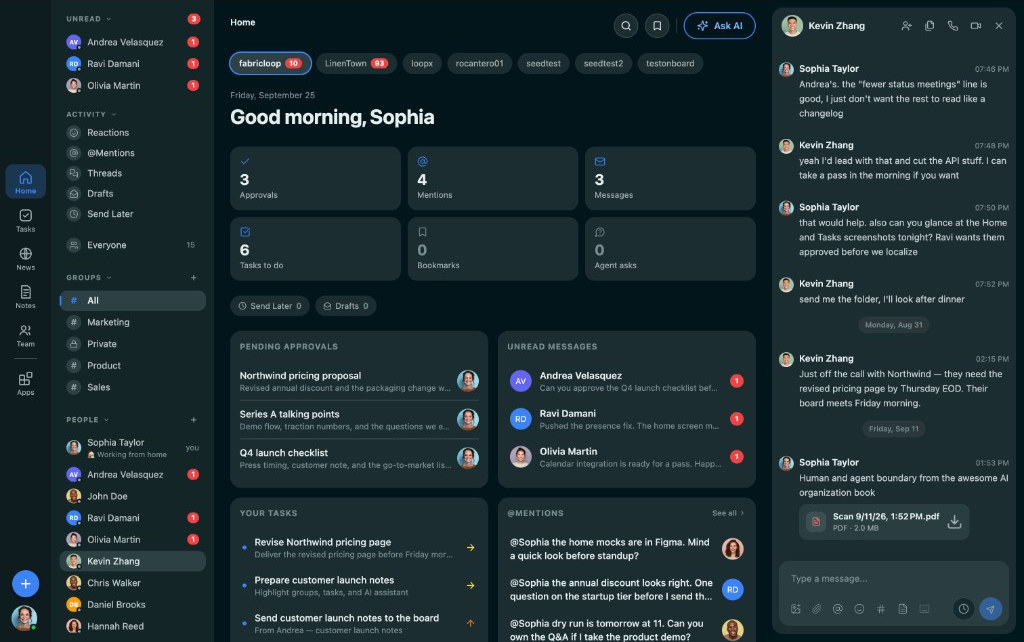 FabricLoop Home, with approvals, messages, and tasks in one workspace