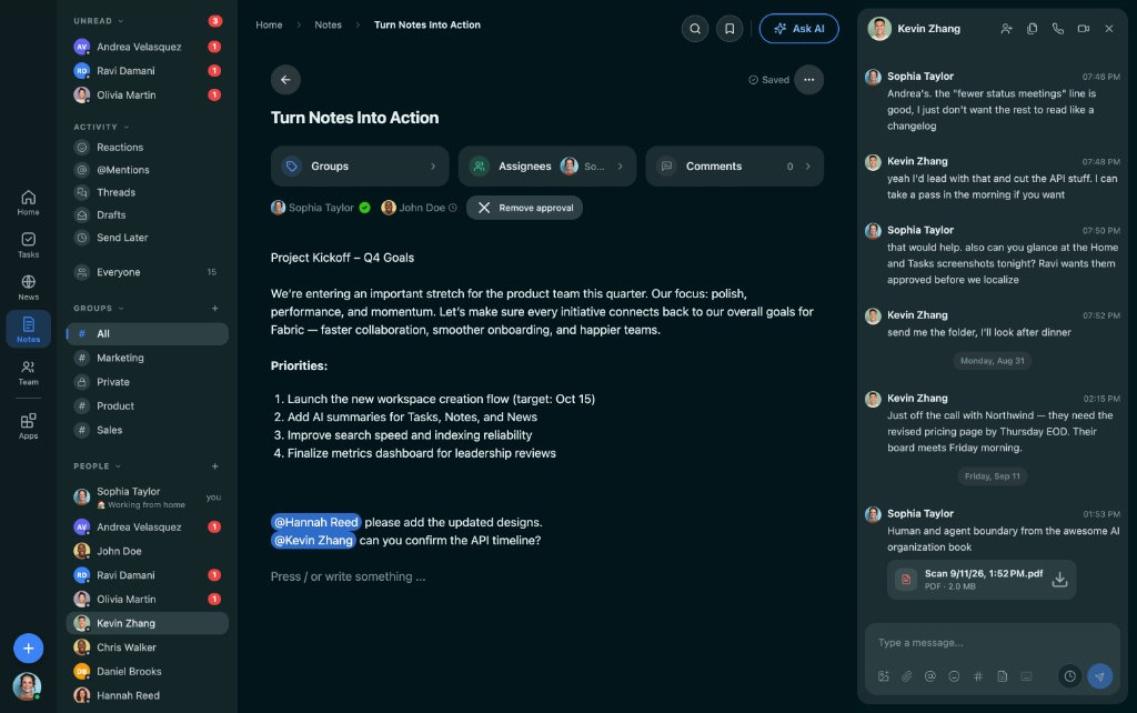 FabricLoop Notes, a note with the people and the approval attached