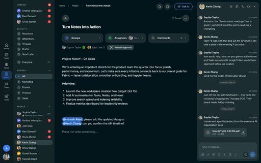 FabricLoop note titled Turn Notes Into Action in Australian English, with groups, assignees, and an approval, beside the Q2 Launch conversation