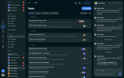 FabricLoop Tasks in Australian English, a list of backlog, blocked, and to-do work beside the Q2 Launch conversation