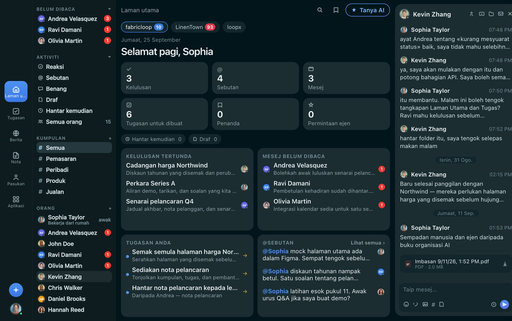 FabricLoop Home dalam bahasa Melayu, dengan persetujuan, pesan yang belum dibaca, tugas, dan percakapan Pelancaran Q2 terbuka di sampingnya