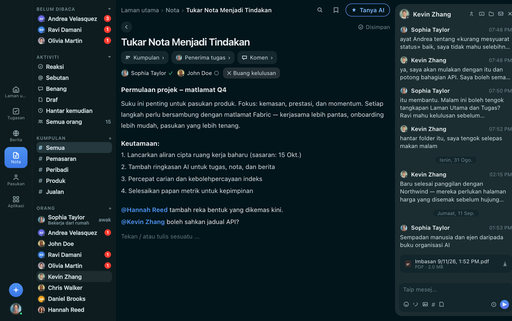 Catatan FabricLoop berjudul Tukarkan Catatan Menjadi Tindakan dalam bahasa Melayu, dengan grup, penerima tugas, dan persetujuan, di sebelah percakapan Pelancaran Q2