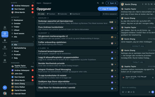 FabricLoop Oppgaver på norsk, en liste over etterslep, blokkert og gjøremål ved siden av Q2 Launch-samtalen