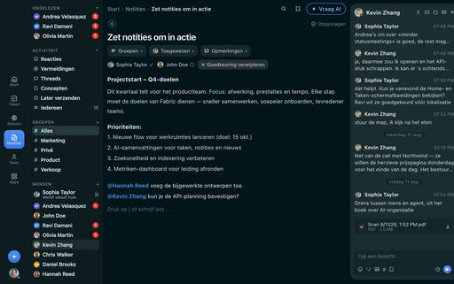 FabricLoop-notitie getiteld Notities in Acties Omzetten in het Nederlands, met groepen, toegewijzenen en een goedkeuring, naast het Q2 Launch-gesprek