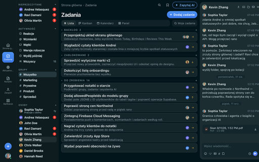 FabricLoop Tasks w języku polskim, lista pracy z zaległościami, zablokowanymi i zadaniami do wykonania obok rozmowy Q2 Launch