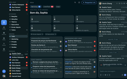 FabricLoop Home em português europeu, com aprovações, mensagens não lidas, tarefas, e a conversa Q2 Launch aberta ao lado delas