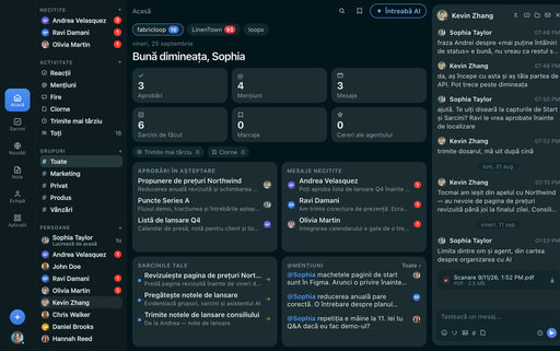 FabricLoop Home în limba română, cu aprobări, mesaje necitite, sarcini și conversația Q2 Launch deschisă alături