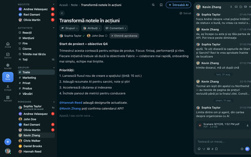 Notă FabricLoop intitulată Turn Notes Into Action în limba română, cu grupuri, atribuiți și o aprobare, alături de conversația Q2 Launch