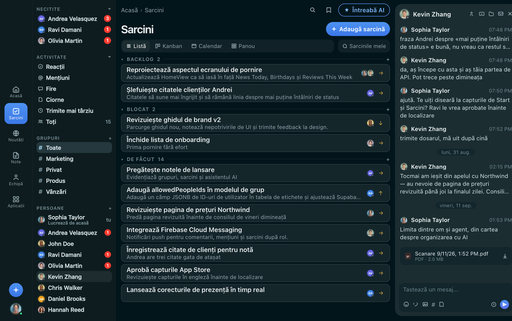 FabricLoop Tasks în limba română, o listă cu lucrări în backlog, blocate și de făcut alături de conversația Q2 Launch