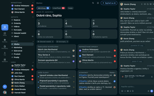 FabricLoop Home v slovenčine, so schváleniami, neprečítanými správami, úlohami a konverzáciou Q2 Launch otvorená vedľa nich