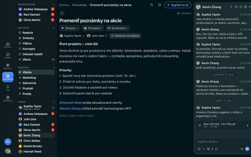 FabricLoop poznámka s názvom Premeny poznámok na úkony v slovenčine, so skupinami, priradenými osobami a schválením, vedľa konverzácie Q2 Launch