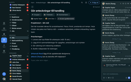FabricLoop-anteckning med titeln Turn Notes Into Action på svenska, med grupper, tilldelade personer och ett godkännande, bredvid konversationen Q2 Launch