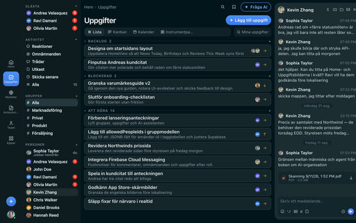 FabricLoop Uppgifter på svenska, en lista med eftersläpningar, blockerade och att-göra-arbete bredvid konversationen Q2 Launch