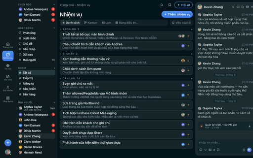 FabricLoop Tasks trong tiếng Việt, danh sách các công việc backlog, blocked và to-do cạnh cuộc hội thoại Q2 Launch