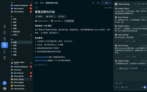 FabricLoop 筆記，標題為「Turn Notes Into Action」（香港中文版），有群組、受託人和核准，在側邊的 Q2 Launch 對話旁